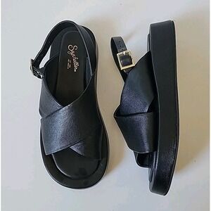 Seychelles Just for Fun Flatform Slingback Sandals 6.5 Black Leather Minimalist